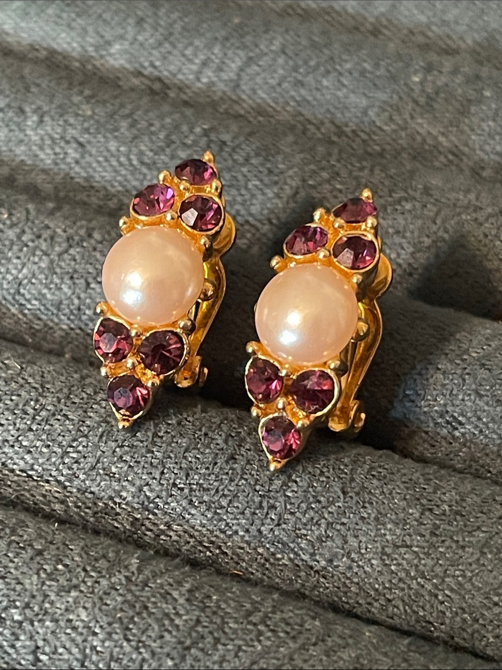 Vintage Givenchy Faux Pearl & Purple Rhinestone Clip On Earrings